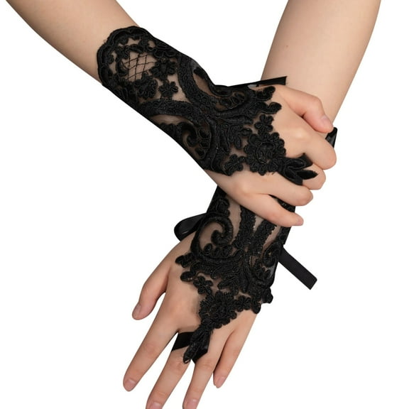 PMVFHDE Women's Short Lace Embroidered Fingerless Gloves, Sheer Open Finger Gloves for Tea Party Opera Gala Black,One Size