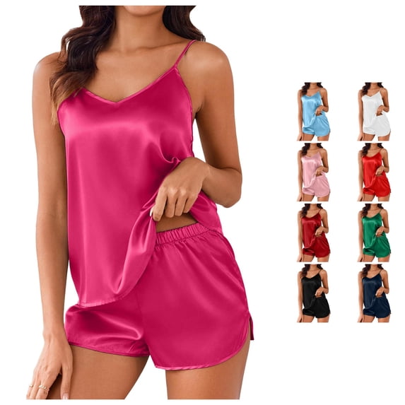 PMVFHDE Women’s Silk Pajama Set Satin Camisole Sleepwear V Neck Top And Shorts Hot Pink,M