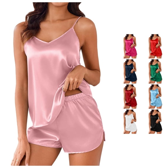 PMVFHDE Women’s Silk Pajama Set Satin Camisole Sleepwear V Neck Top And Shorts Pink,XXXL