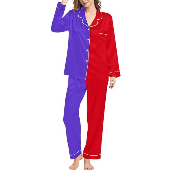 PMVFHDE Women's Sleepwear Set Long Sleeve Button Down Top & Pants, Two Tone Color Pajamas, Year Round Comfortable Loungewear, Collared PJ Set Dark Purple,S