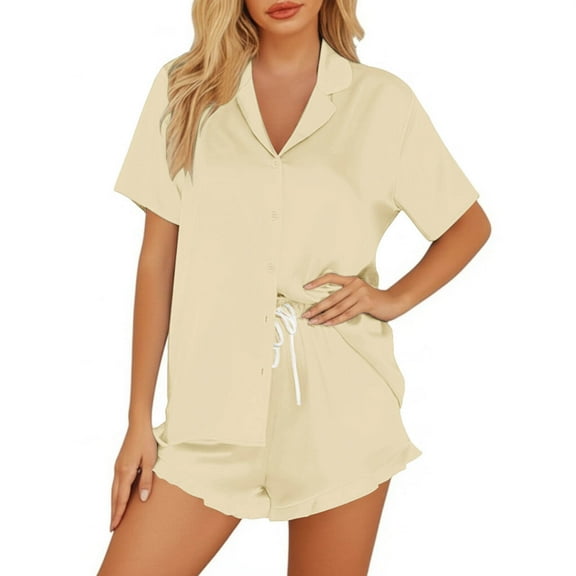 PMVFHDE Women's Sleepwear Set Short Sleeve Button Down Top & Shorts, Comfortable Pajamas, Casual Two Piece Loungewear Set, Lightweight Summer Sleep Set Beige,L