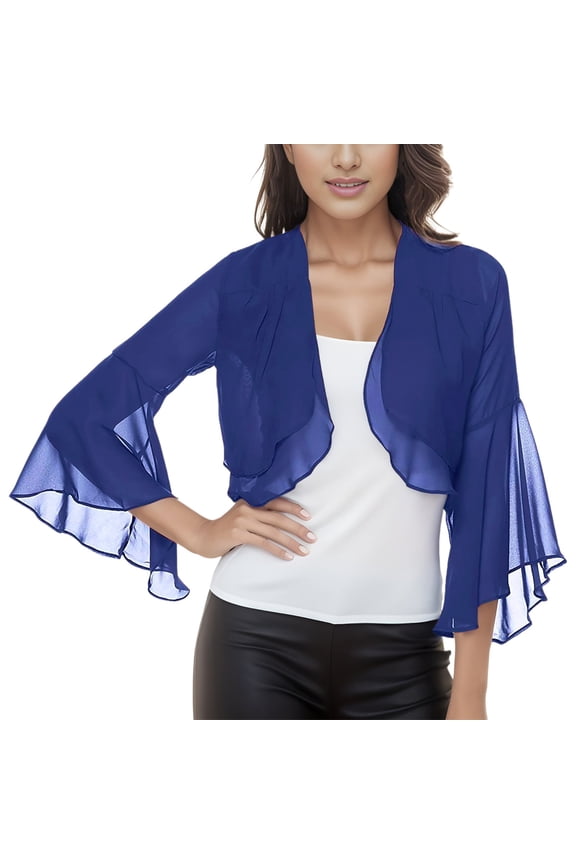Women's Small Shoulder Cape Top with Flounce Hem Flared Sleeve Solid Color Chiffon Small Wrap Cardigan Navy,S