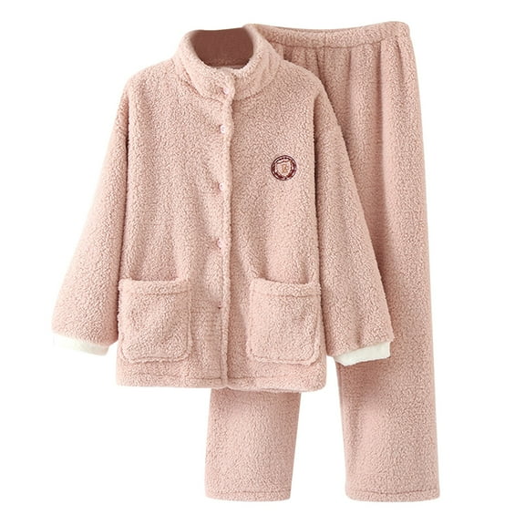 PMVFHDE Women's Soft Brushed Pajama Set Stand Collar Top & Pants, Winter Warm Sleepwear, Thick Flannel Loungewear, Outdoor Ready Homewear Suit Pink,M