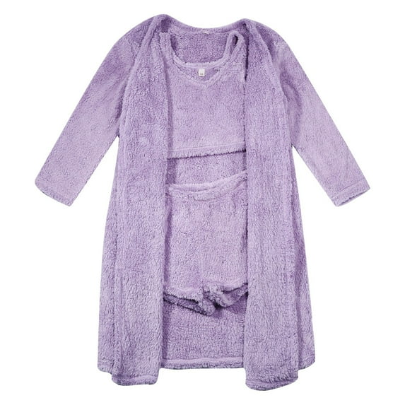 PMVFHDE Women's Soft Flannel Robe 3 Piece Sleepwear Set, Winter Warm Nightgown & Gown, Thick Bathrobe Ensemble, Cozy Homewear Suit Purple,M