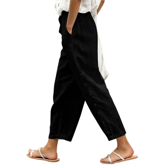 PMVFHDE Women's Solid Color Ankle Pants Elastic Waist Side Snap Detail Back Pockets Relaxed Fit Casual Cropped Trousers Black，XXL