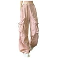 thumbnail image 1 of PMVFHDE Women's Solid Color Cargo Pants High Waist Button Detail with Pockets Casual Straight Leg Utility Trousers Pink，L, 1 of 9
