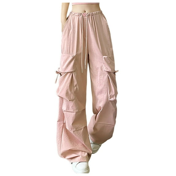 PMVFHDE Women's Solid Color Cargo Pants High Waist Button Detail with Pockets Casual Straight Leg Utility Trousers Pink,L