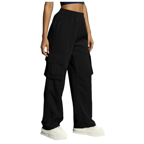 PMVFHDE Women's Solid Color Cargo Pants Utility Pocket Casual Streetwear Comfortable Everyday Relaxed Fit Trousers Black,M