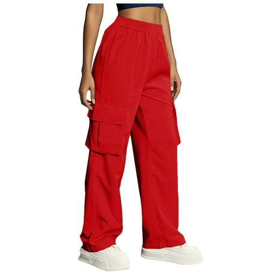 PMVFHDE Women's Solid Color Cargo Pants Utility Pocket Casual Streetwear Comfortable Everyday Relaxed Fit Trousers Red,XL