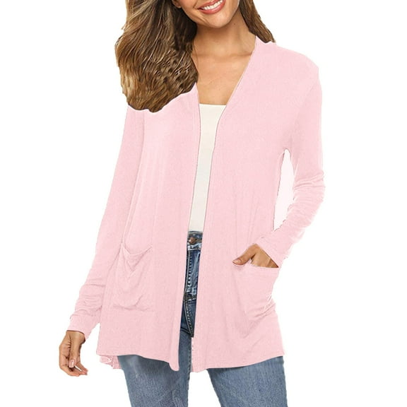 PMVFHDE Women's Solid Color Casual Versatile Fitted Cardigan Mid-Length Long Sleeve Outerwear Pink,M