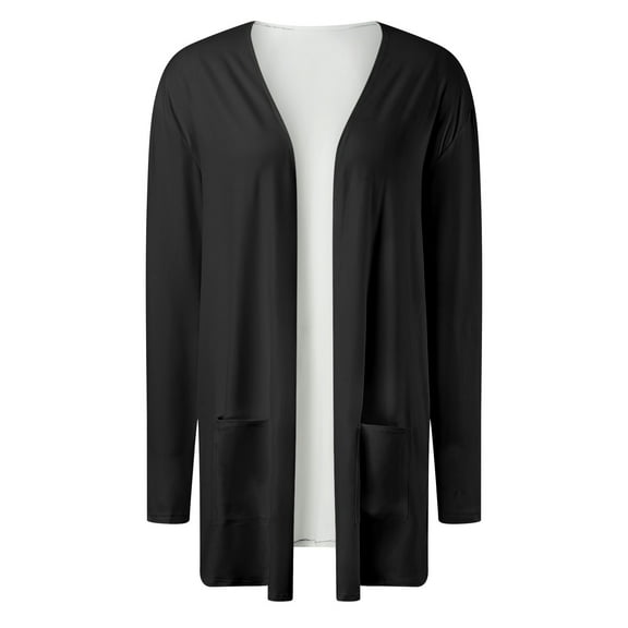 PMVFHDE Women's Solid Color Daily Casual Loose No Button Long Sleeve Long Length Pocket Cardigan Top Coat Black,S