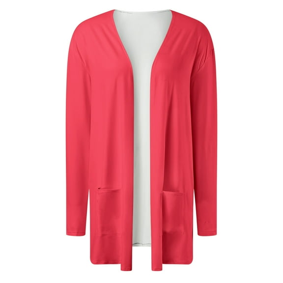PMVFHDE Women's Solid Color Daily Casual Loose No Button Long Sleeve Long Length Pocket Cardigan Top Coat Red,L