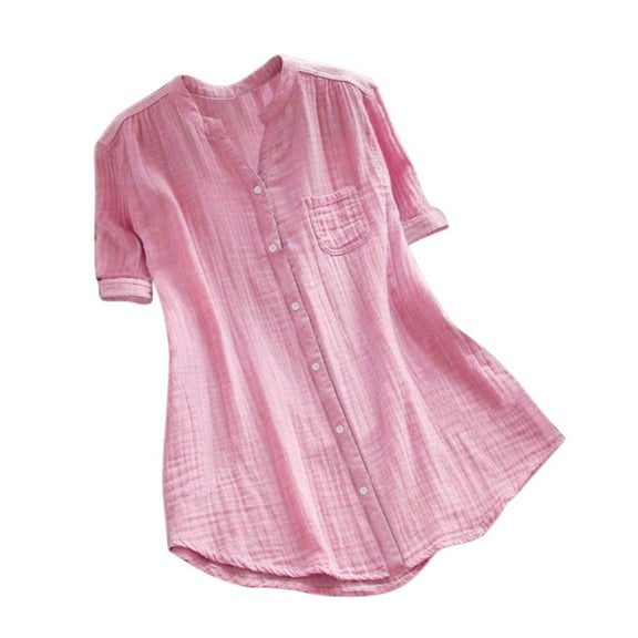 PMVFHDE Women's Solid Color Daily Versatile Short Sleeve Cardigan, Loose Fit Top for Layering, Lightweight Shirt for Summer Pink，M