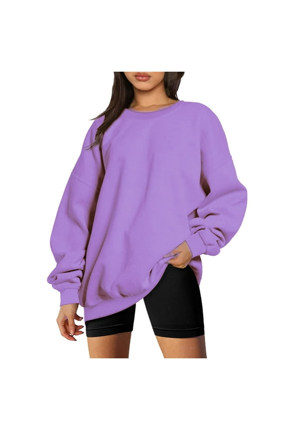 Women's Solid Color Drop Shoulder Pullover Sweatshirt, Oversized Long Sleeve Casual Top for Fall Winter Purple,XXL