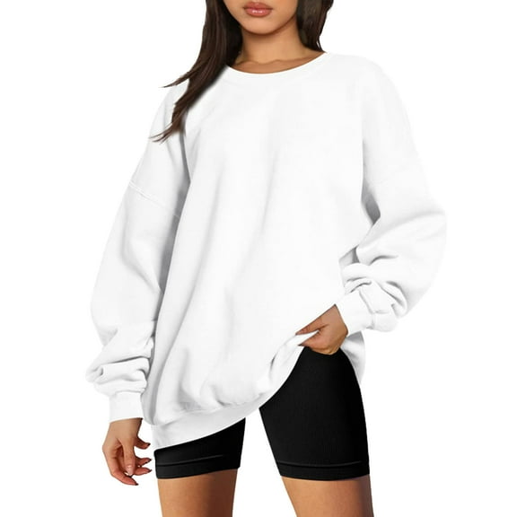 PMVFHDE Women's Solid Color Drop Shoulder Pullover Sweatshirt, Oversized Long Sleeve Casual Top for Fall Winter White,L