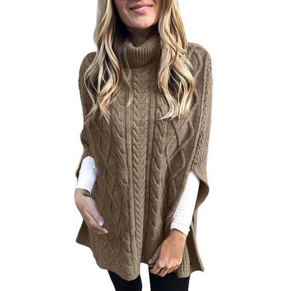 PMVFHDE Women's Solid Color High Neck Street Fashion Loose Knitted Sweater Tops with Shawl Collar Brown,L