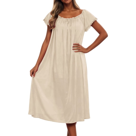 PMVFHDE Women's Solid Color Ice Silk Short Sleeve Knee-Length Loose Nightdress with Lace Sleeves Cooling Pajamas for Women