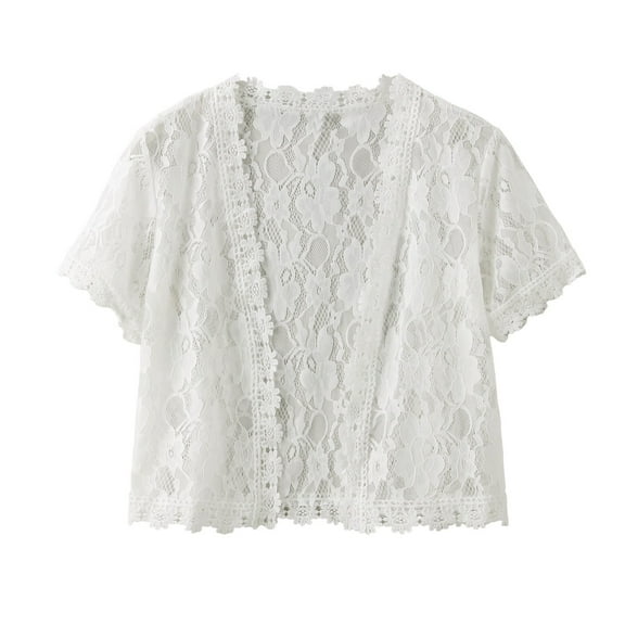PMVFHDE Women's Solid Color Lace Breathable Vest Elegant, Short Sleeve Short Length Cardigan Cover Up White,M