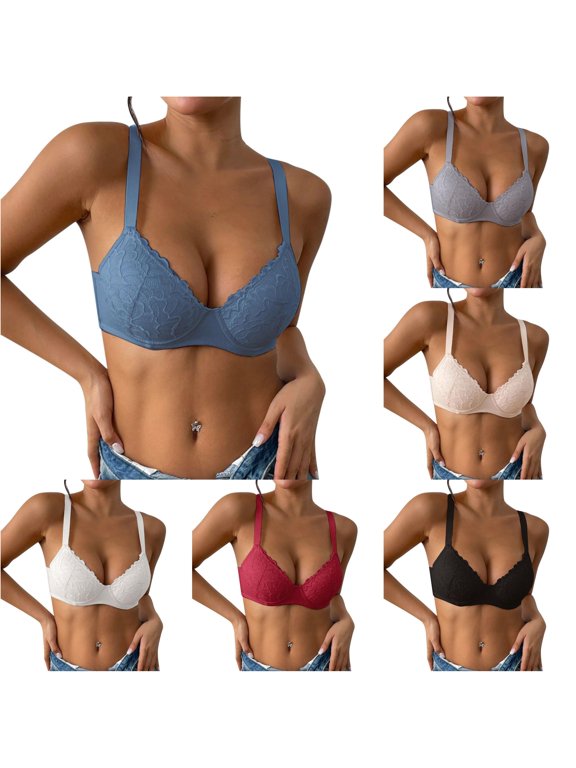 Women's Solid Color Lace Thin Comfortable Breathable Push Up Bra With Underwire Triple Bra Blue - 85C