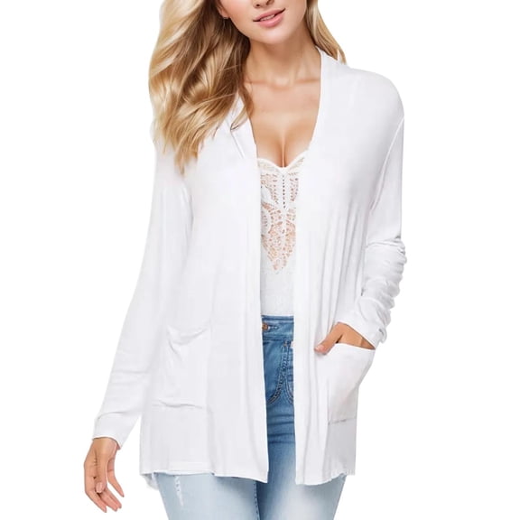 PMVFHDE Women's Solid Color Long Sleeve Long Length Knit Cardigan V-Neck Open Front Casual Top White,S
