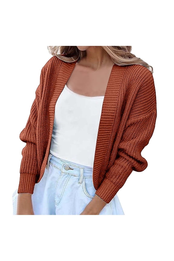 Women's Solid Color Long Sleeve Short Length Front Open Shoulder Wrap Knit Cardigan Sweater Brick Red,S