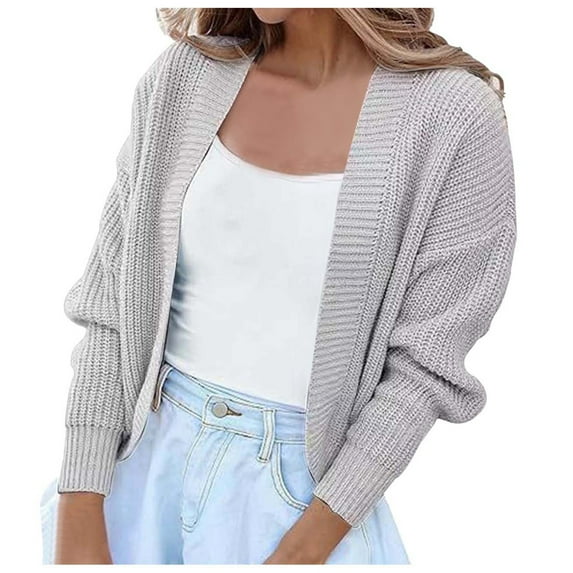 PMVFHDE Women's Solid Color Long Sleeve Short Length Front Open Shoulder Wrap Knit Cardigan Sweater Grey,XL