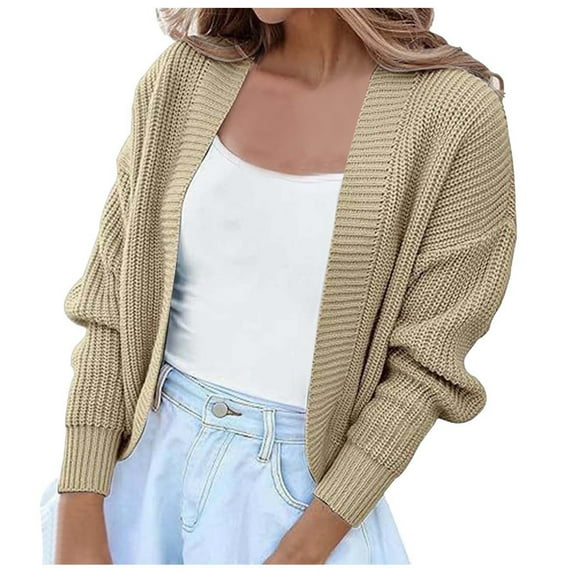 PMVFHDE Women's Solid Color Long Sleeve Short Length Front Open Shoulder Wrap Knit Cardigan Sweater Khaki,M