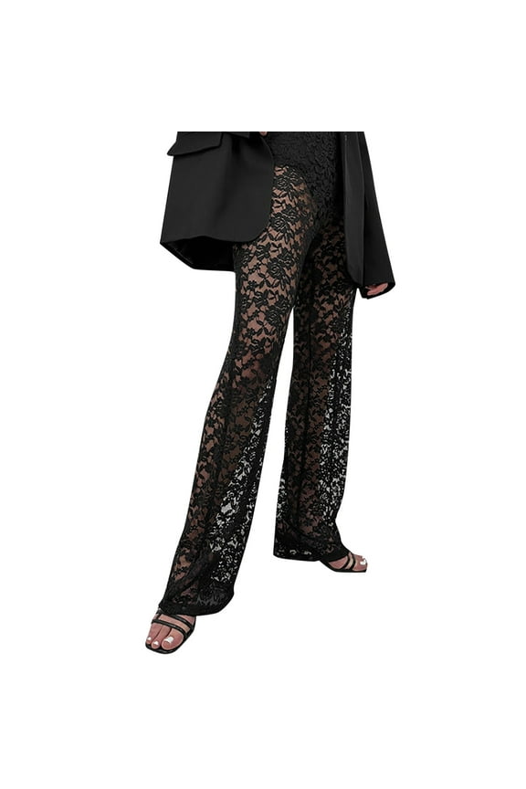Women's Solid Color Pants Lace Insert Detail High Waist Straight Leg Elegant Casual Party Wear Trousers Black,L