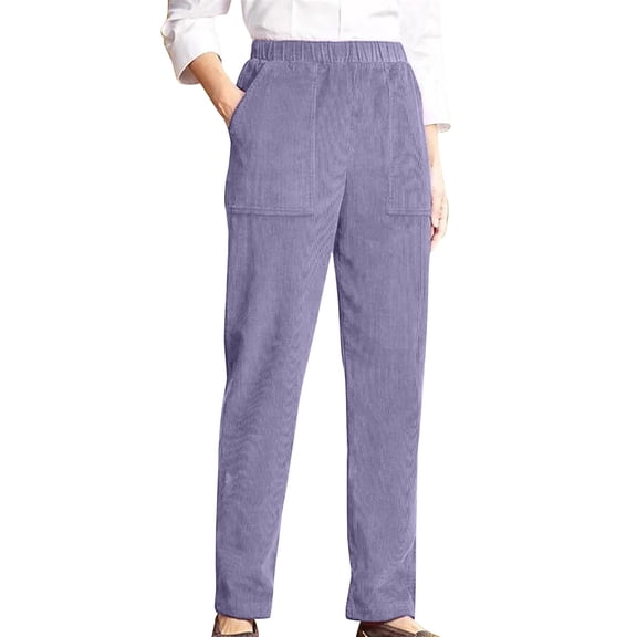 PMVFHDE Women's Solid Color Straight Leg Pants Elastic Waist Striped Detail Comfortable Everyday Casual Relaxed Trousers Purple，S