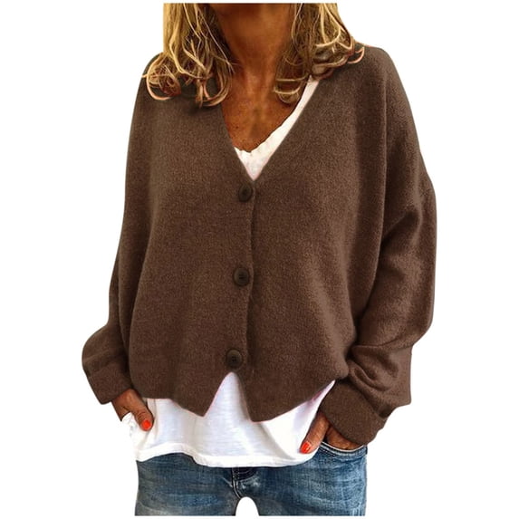 PMVFHDE Women's Solid Color V-Neck Button Casual Stretch Knit Sweater Cardigan, Comfortable for Daily Use, Elegant Design Brown,S