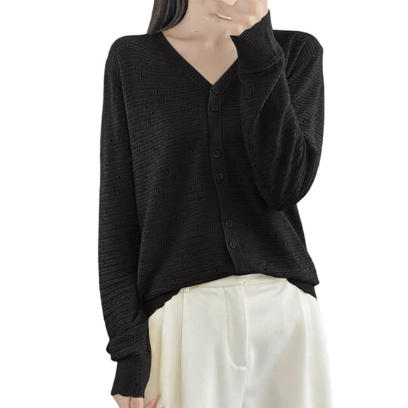 PMVFHDE Women's Solid Color V-Neck Soft Comfortable Knit Cardigan Thin Hollow Out Breathable Top Long Sleeve Coat Black,M