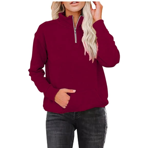 PMVFHDE Women's Solid Color Zip Front Stand Collar Long Sleeve Shirt, Casual V Neck Athletic Top for Spring FallWine,L