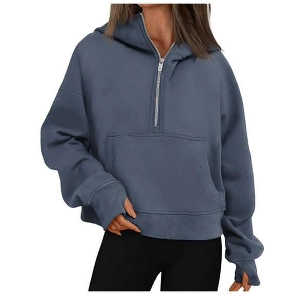 PMVFHDE Women's Solid Quarter Zip Pullover Hoodie Stand Collar with Pocket Oversized Casual Comfort Wear Fall Winter Fashion Top Blue，XL