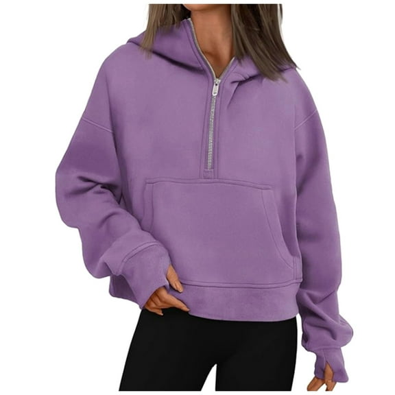 PMVFHDE Women's Solid Quarter Zip Pullover Hoodie Stand Collar with Pocket Oversized Casual Comfort Wear Fall Winter Fashion Top Purple，S