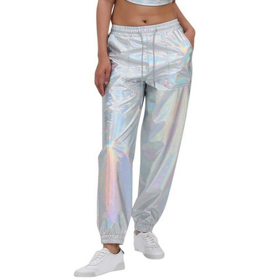 PMVFHDE Women's Sparkly Metallic Joggers Solid Color Plus Size Streetwear Performance Ankle Hem Pants Multicolour,XXL