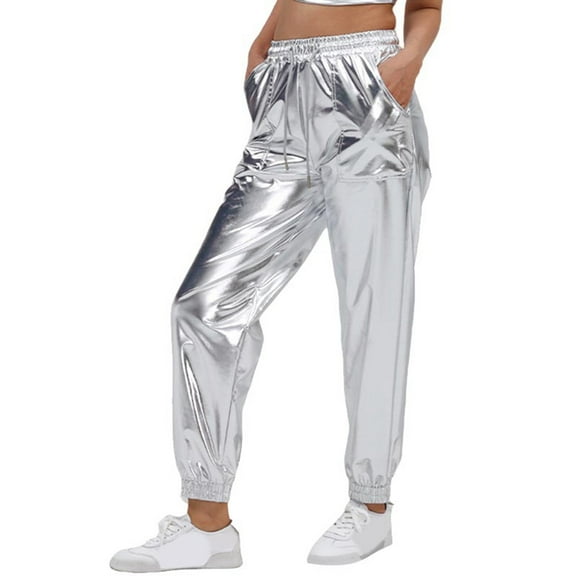 PMVFHDE Women's Sparkly Metallic Joggers Solid Color Plus Size Streetwear Performance Ankle Hem Pants Silver,XXL