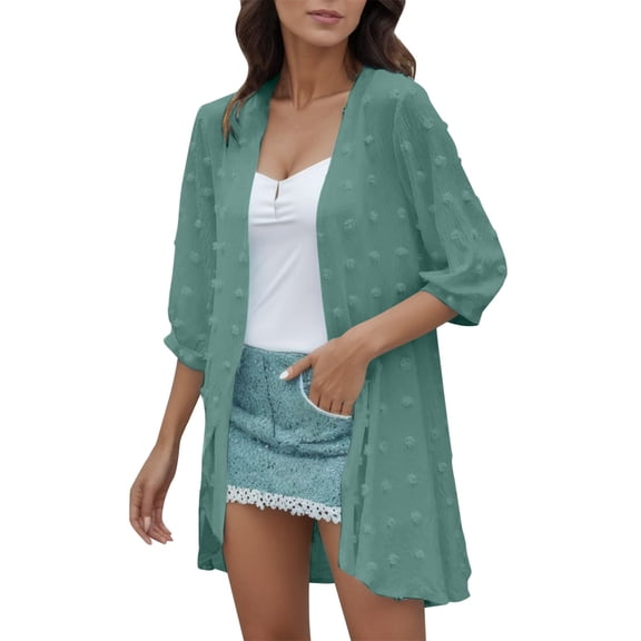 PMVFHDE Women's Spring Summer Solid Color Casual Short Sleeve Lightweight Open Front Top Cardigan Green,XL