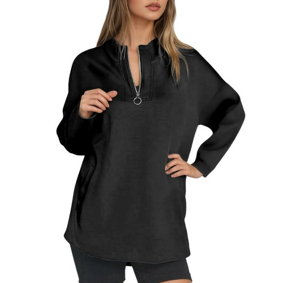 PMVFHDE Women's Stand Collar Zip Up Hooded Sweatshirt, Solid Color Slim Fit Long Sleeve Athletic Top for Fall Winter Black,XL