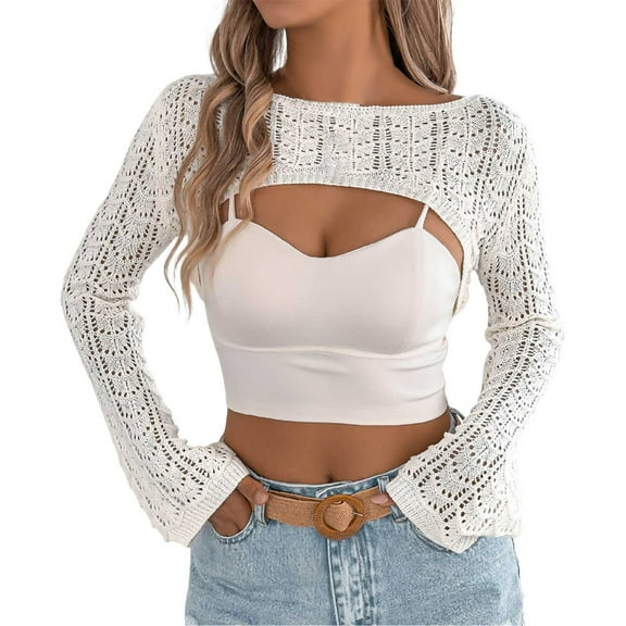 PMVFHDE Women's Summer Casual Hollow Out Long Sleeve Knit Sweater Small Shoulder Cover Cardigan Beige,L