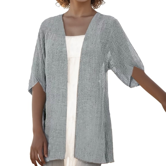 PMVFHDE Women's Summer Casual Solid Color V-Neck Loose Breathable Short Sleeve Mid-Length Cardigan Top Grey,XXL
