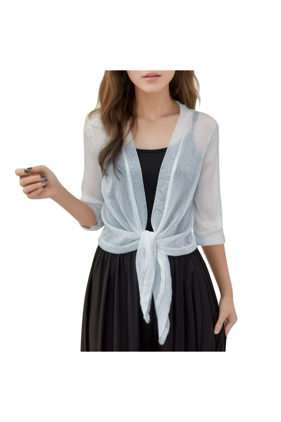 Women's Summer Fashion Solid Color Short Sleeve Metallic Yarn Shoulder Cover Up Mesh Small Wrap Short Length Cardigan White,One Size