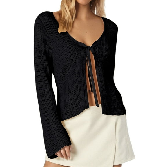 PMVFHDE Women's Summer Hollow Out Tie Waist Knit Long Sleeve Short Length Cardigan Sun Protective Black,A