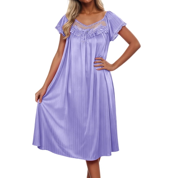 PMVFHDE Women's Summer Ice Silk Knee-Length Nightgown with Comfortable Lace Short Sleeve Home Wear Women Pajamas