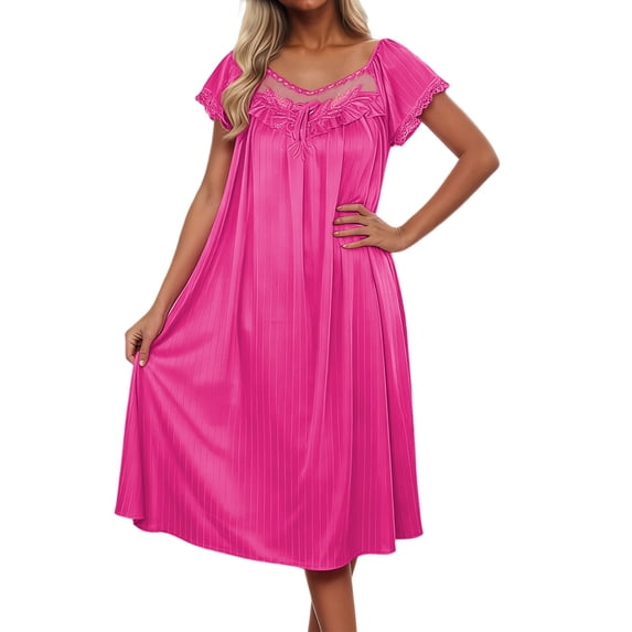 PMVFHDE Women's Summer Ice Silk Knee-Length Nightgown with Comfortable Lace Short Sleeve Home Wear Women Pajamas