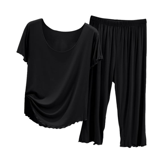 PMVFHDE Women's Summer Pajama Set Short Sleeve Top And Capri Pants Lightweight Sleepwear Cooling Pajamas For Women Casual Home Loungewear Black,XXL