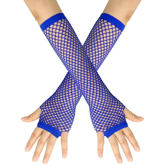 PMVFHDE Women's Summer Thick Fishnet Stretch Long Gloves, Punk Fingerless Nightclub Party Gloves Blue,One Size