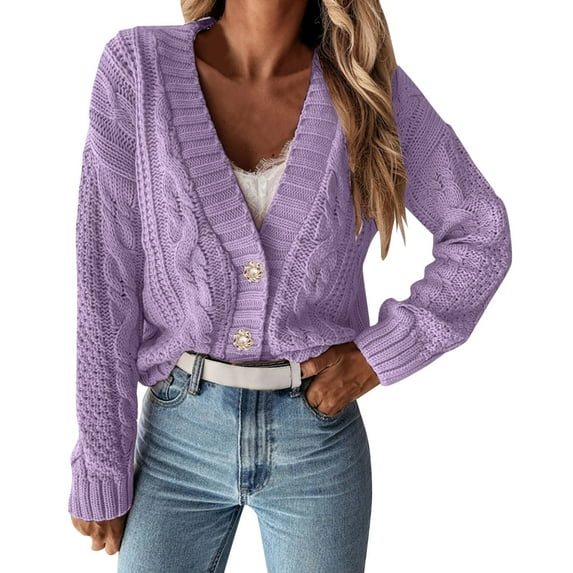 PMVFHDE Women's Sweater Autumn Winter Knit Cardigan Sweater, Oversized Buttons Lightweight Cardigan V-Neck Loose Knit Purple,L