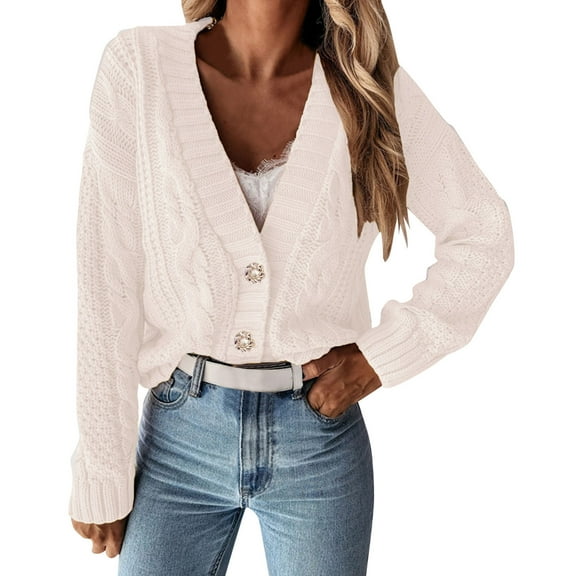 PMVFHDE Women's Sweater Autumn Winter Knit Cardigan Sweater, Oversized Buttons Lightweight Cardigan V-Neck Loose Knit White,L