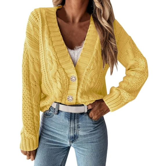 PMVFHDE Women's Sweater Autumn Winter Knit Cardigan Sweater, Oversized Buttons Lightweight Cardigan V-Neck Loose Knit Yellow,L