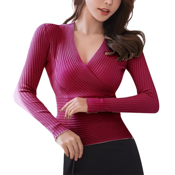 PMVFHDE Women's Sweaters Fashion Casual Daily V-Neck Long Sleeve Solid Color Cross Over Knit Top Winter Clothes for Women ,One Size